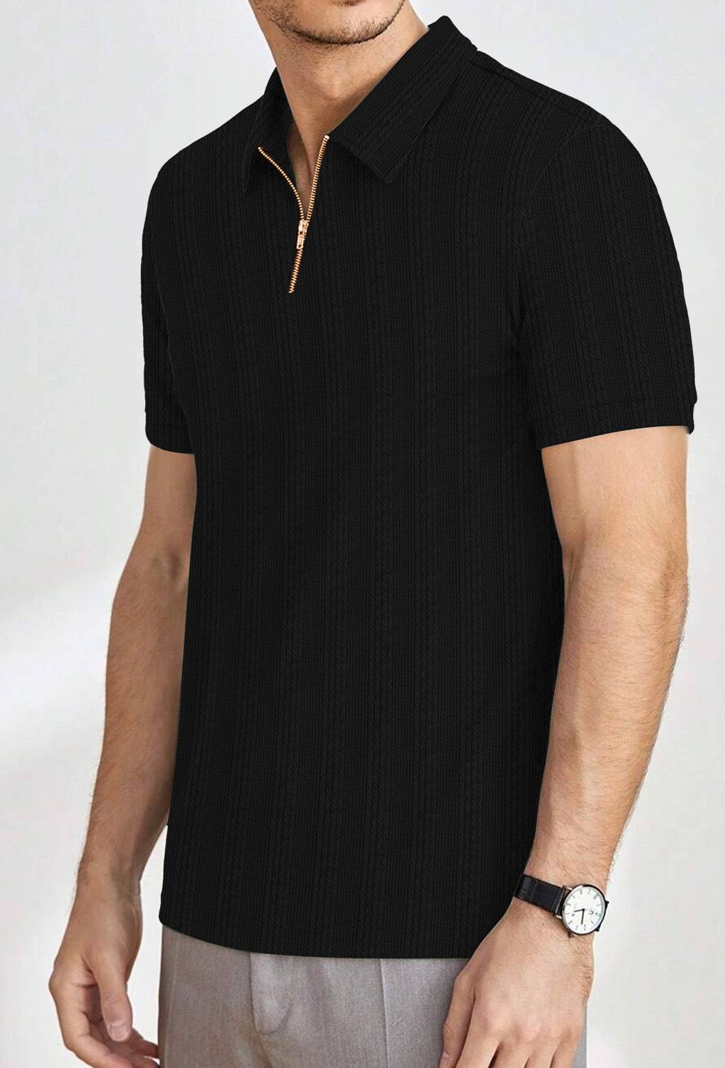 KAJARU Men Zip Neck Black T-Shirt - Image 3