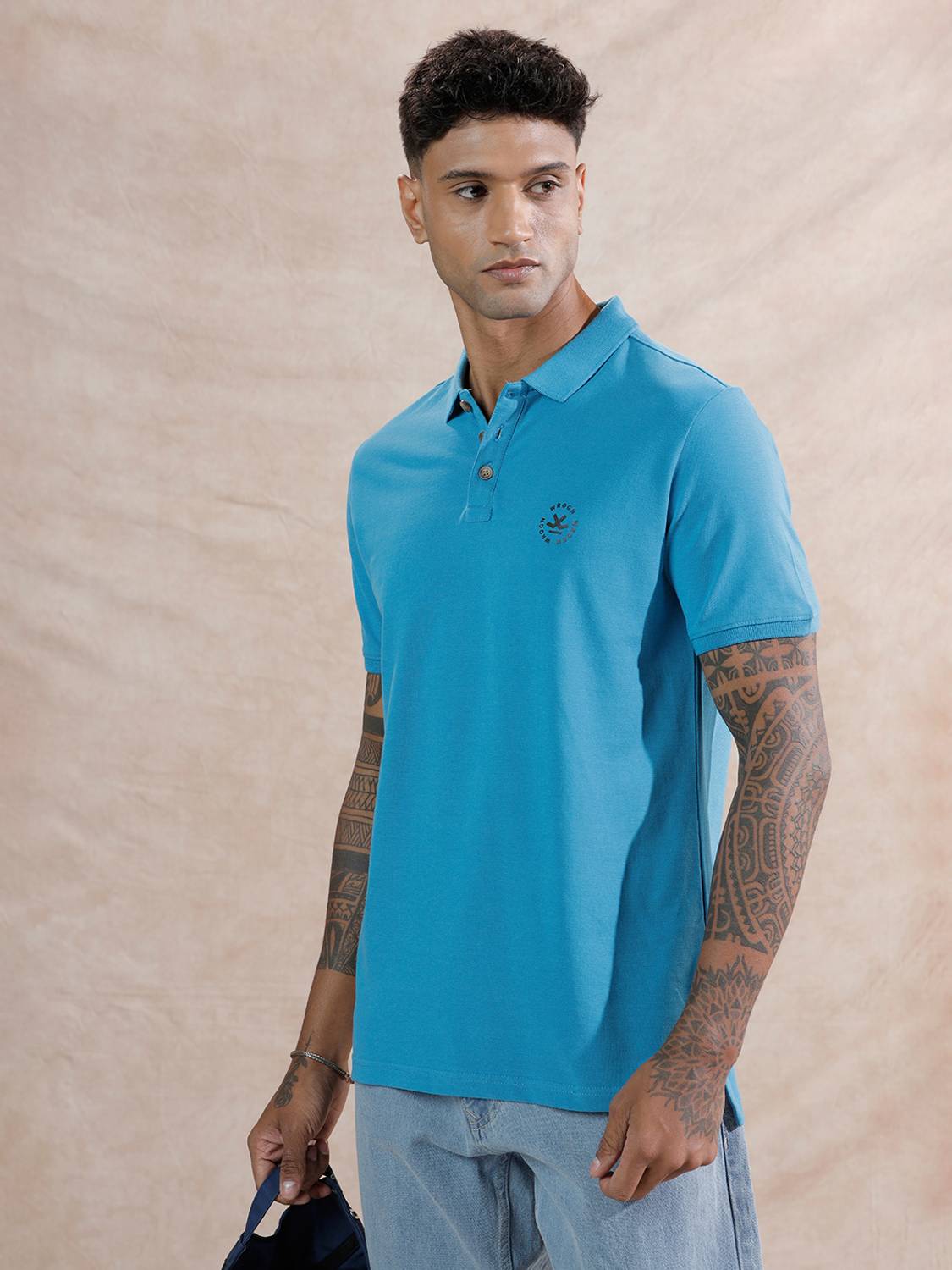 WROGN Men Solid Polo Neck Pure Cotton Blue T-Shirt