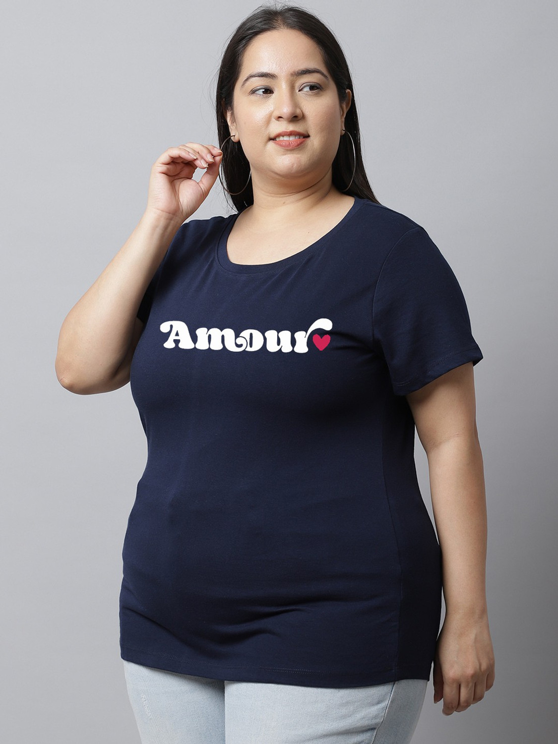 Image of UnaOne Typography Women Round Neck Navy Blue T-Shirt