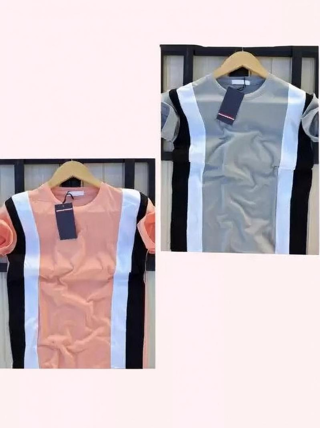 Image of squareretails Striped Men Round Neck Grey, Pink T-Shirt