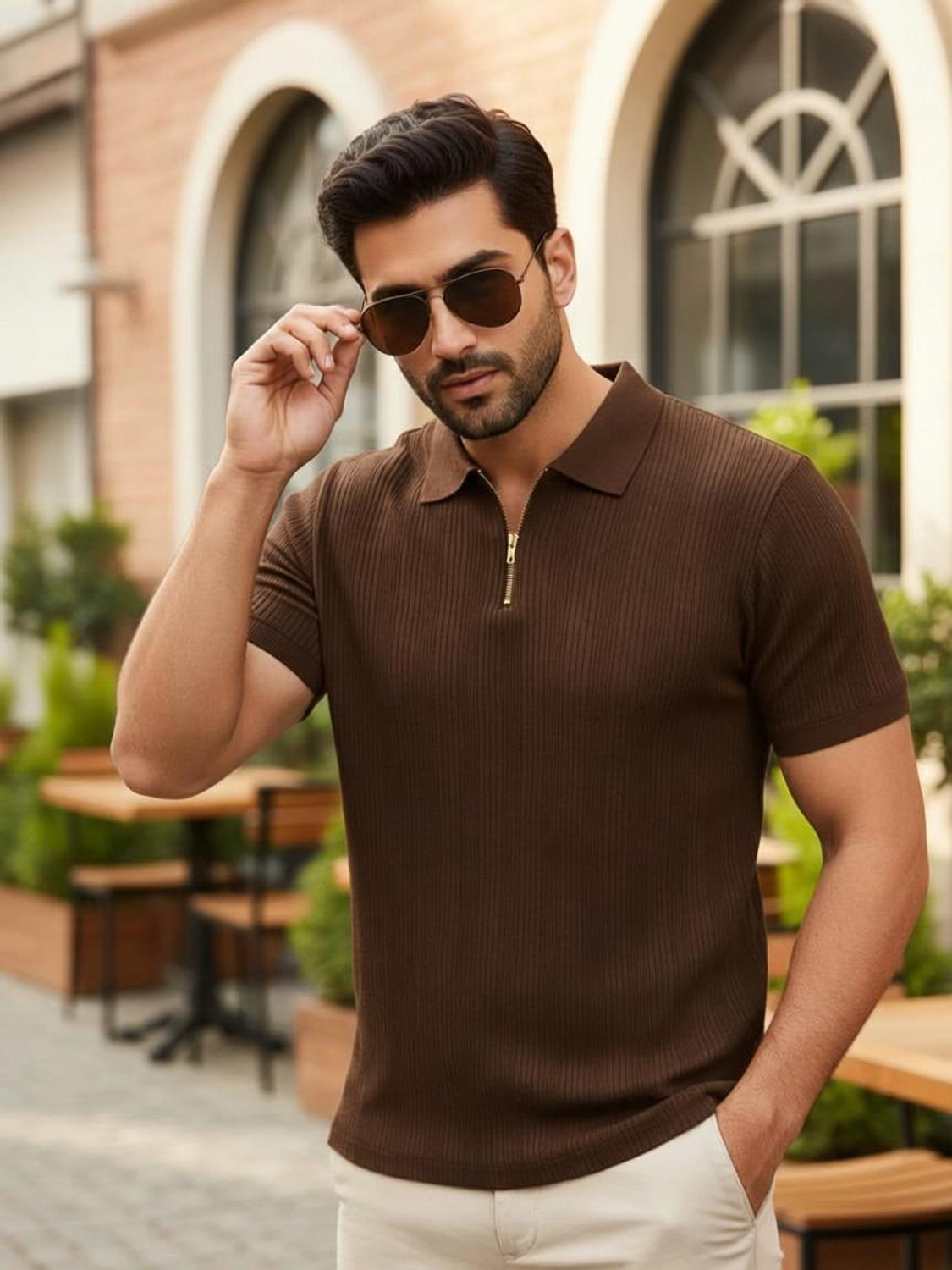 Image of RUPRA Self Design Men Polo Neck Brown T-Shirt