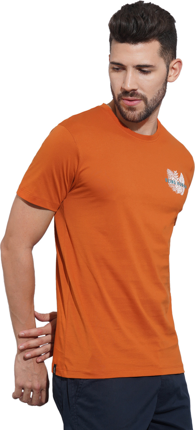 Image of BEING HUMAN Solid Men Crew Neck Orange T-Shirt