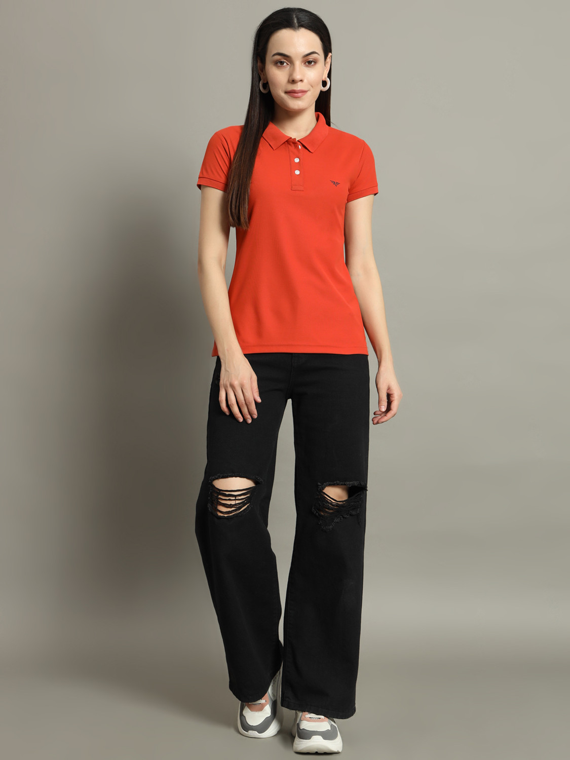 Image of RISS Solid Women Polo Neck Orange T-Shirt