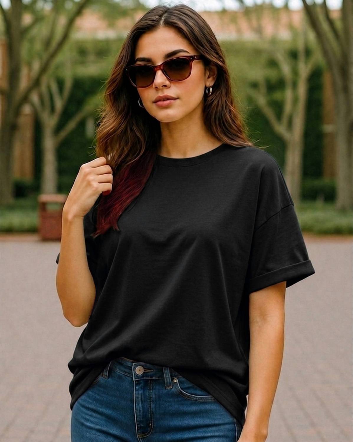 AOOSH Solid Women Round Neck Black T-Shirt