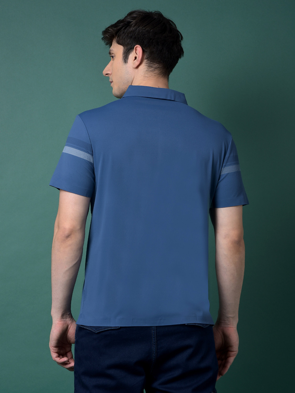 Image of CRIMSOUNE CLUB Men Self Design Polo Neck Nylon Blue T-Shirt