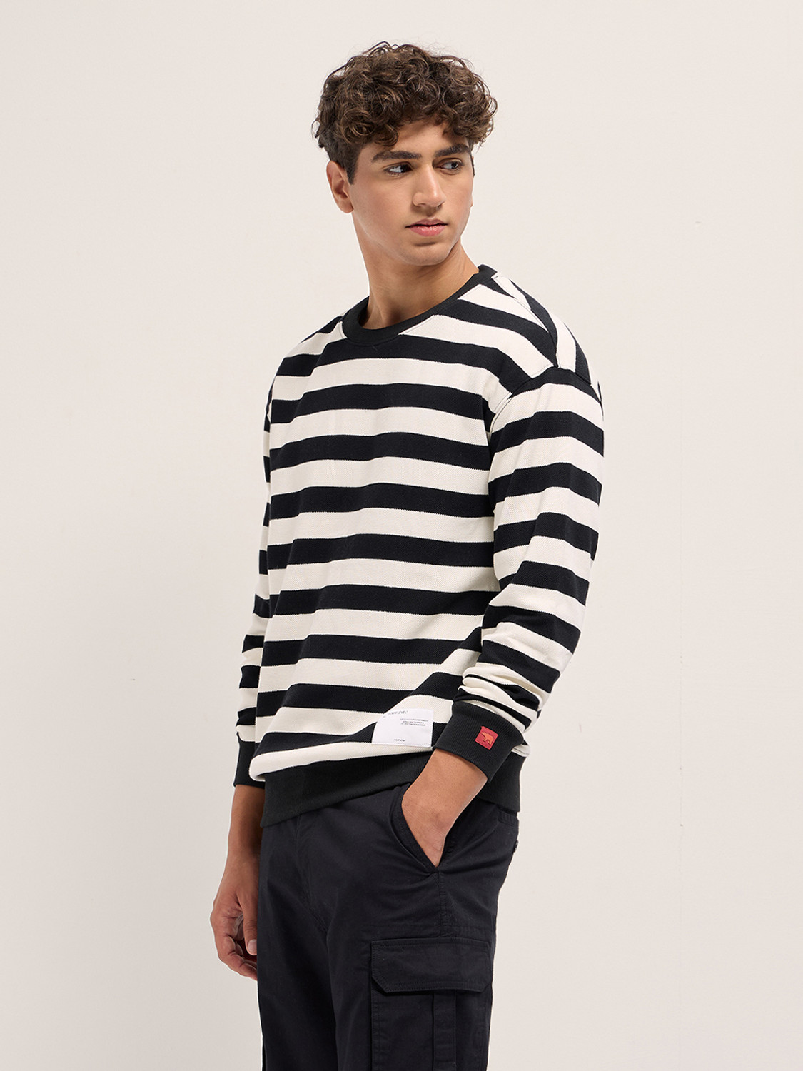 Image of THE BEAR HOUSE Striped Men Crew Neck Black T-Shirt