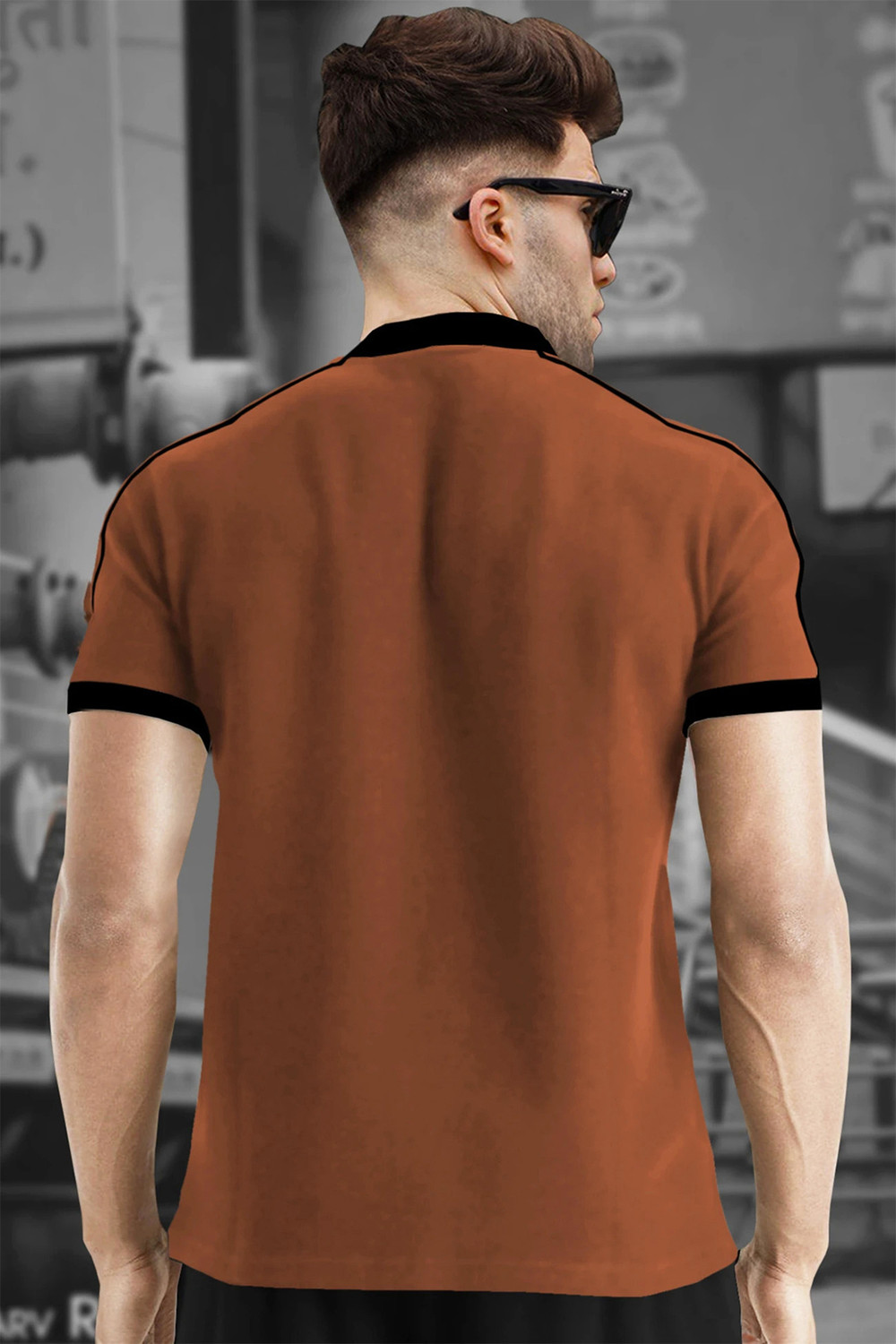 Image of TRIPR Solid Men Mandarin Collar Brown, Black T-Shirt