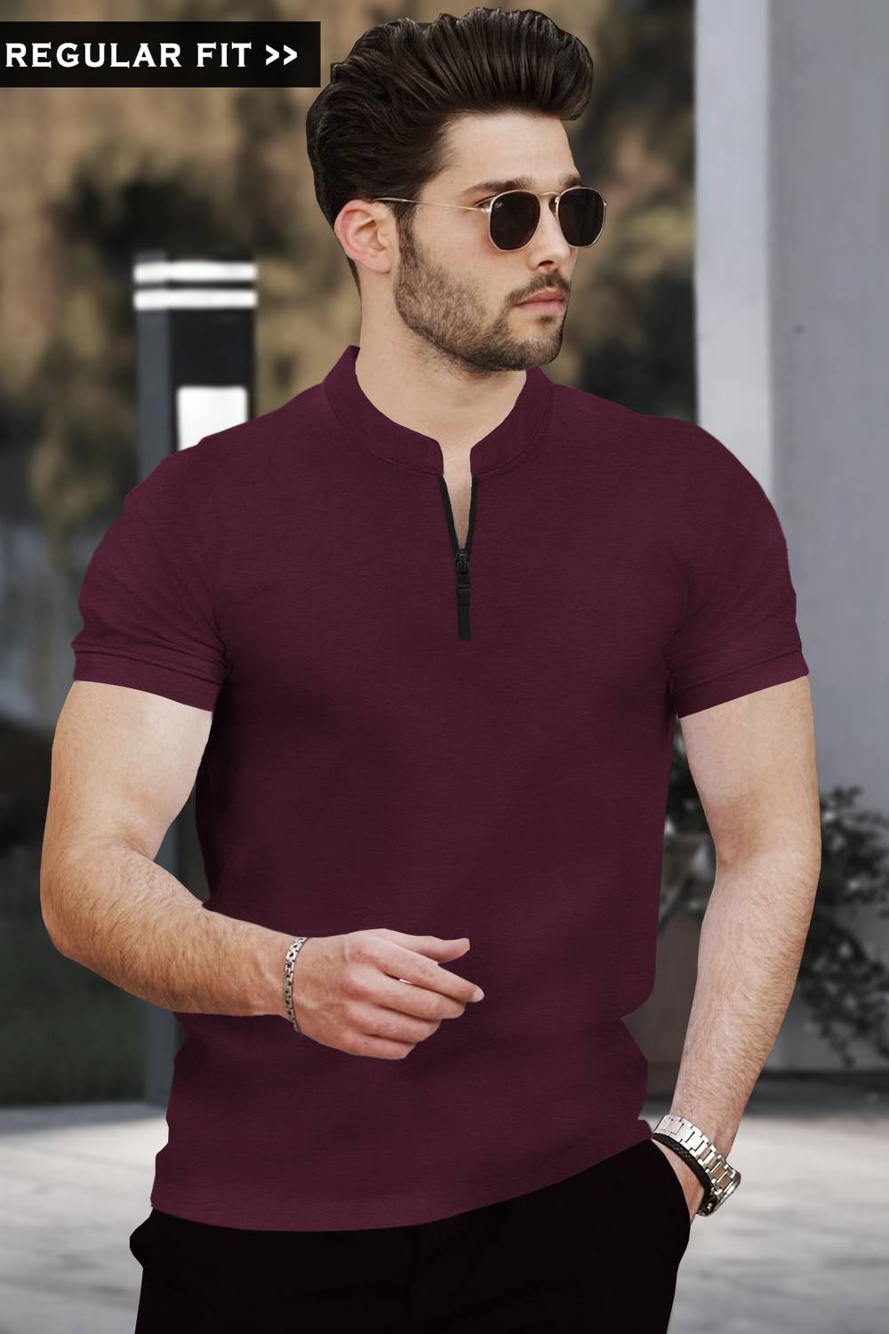 TRIPR Men Solid Mandarin Collar Cotton Blend Maroon T-Shirt