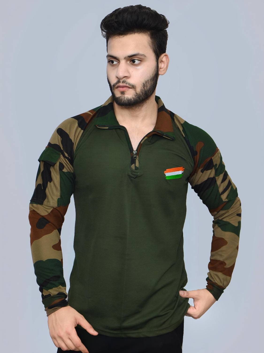AZYXREN Military Camouflage Men Polo Neck Light Green T-Shirt