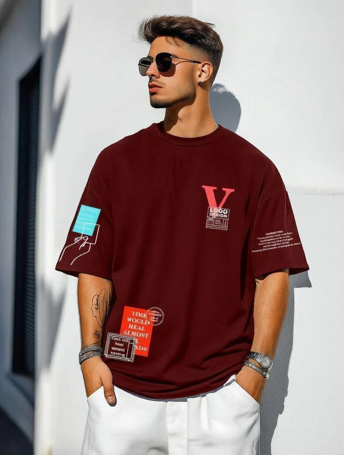 Image of FastColors Printed Men Round Neck Maroon T-Shirt