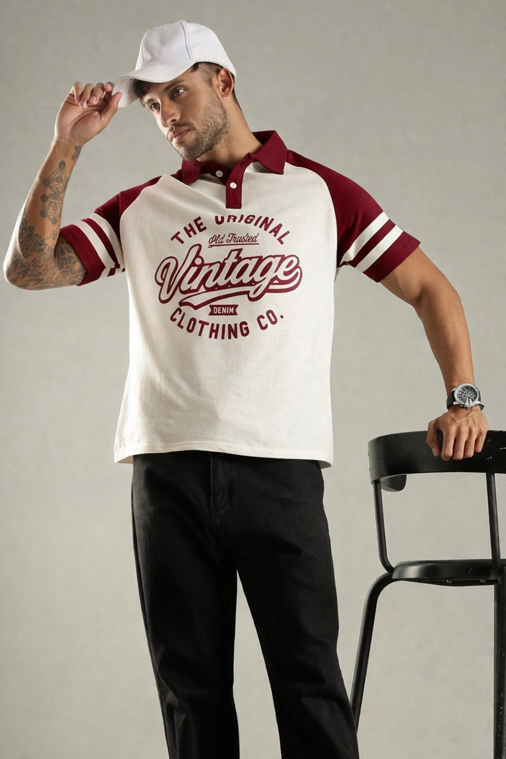 Image of SHINX Printed Men Polo Neck White, Maroon T-Shirt