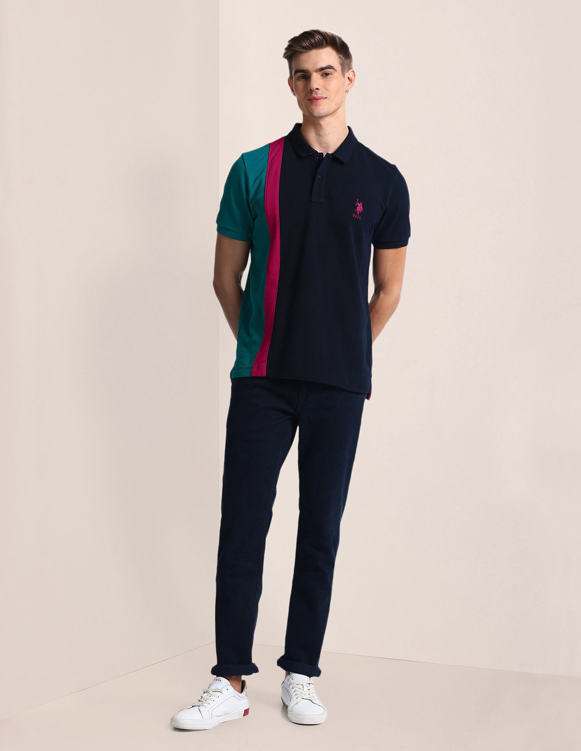 Image of U.S. POLO ASSN. Colorblock Men Polo Neck Blue T-Shirt
