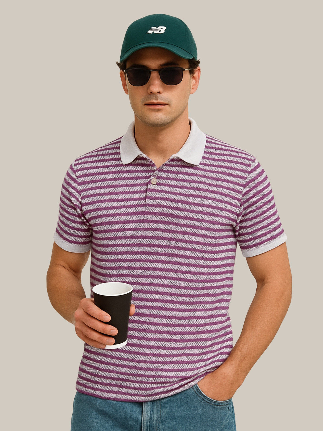 Image of YOUNICK Striped Men Polo Neck Purple T-Shirt