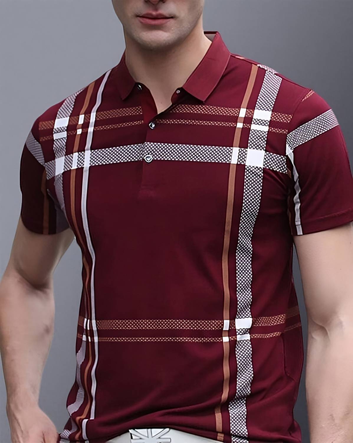 AUSK Men Checkered Polo Neck Cotton Blend Maroon, White T-Shirt