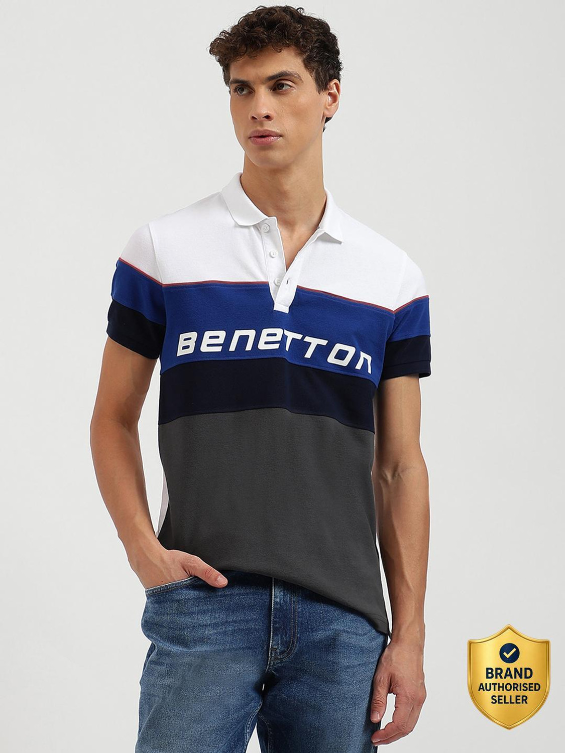 Image of United Colors of Benetton Colorblock Men Polo Neck White T-Shirt