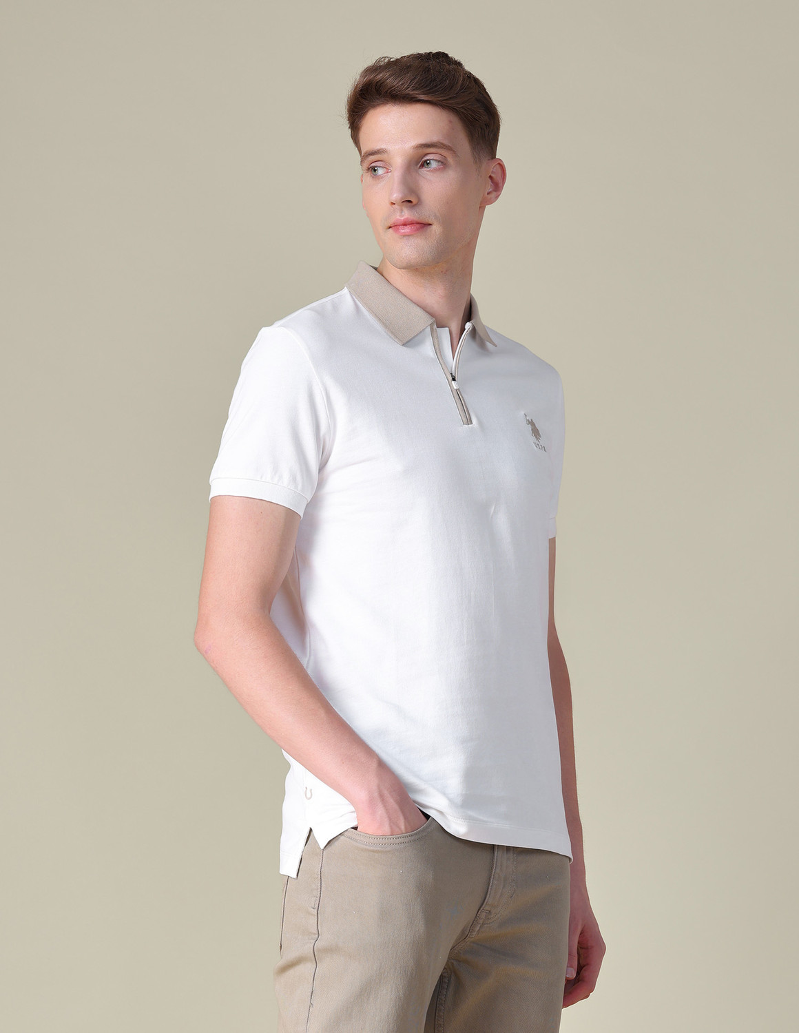 Image of U.S. Polo Assn. Denim Co. Solid Men Polo Neck White T-Shirt