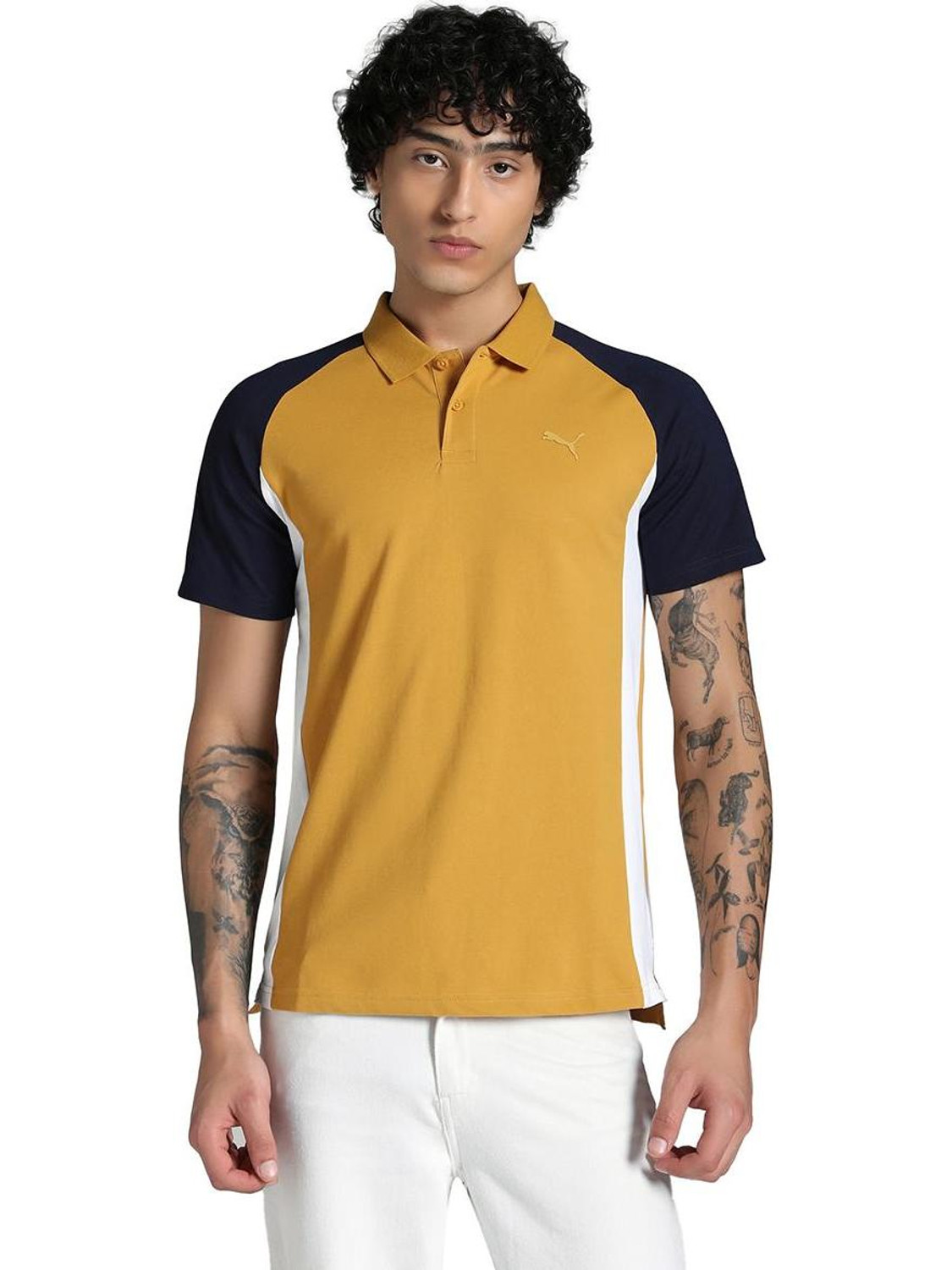 Image of PUMA Men Colorblock Polo Neck Cotton Blend Yellow T-Shirt