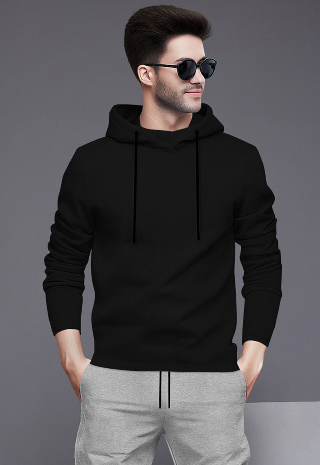Image of BLIVE Solid Men Hooded Neck Black T-Shirt