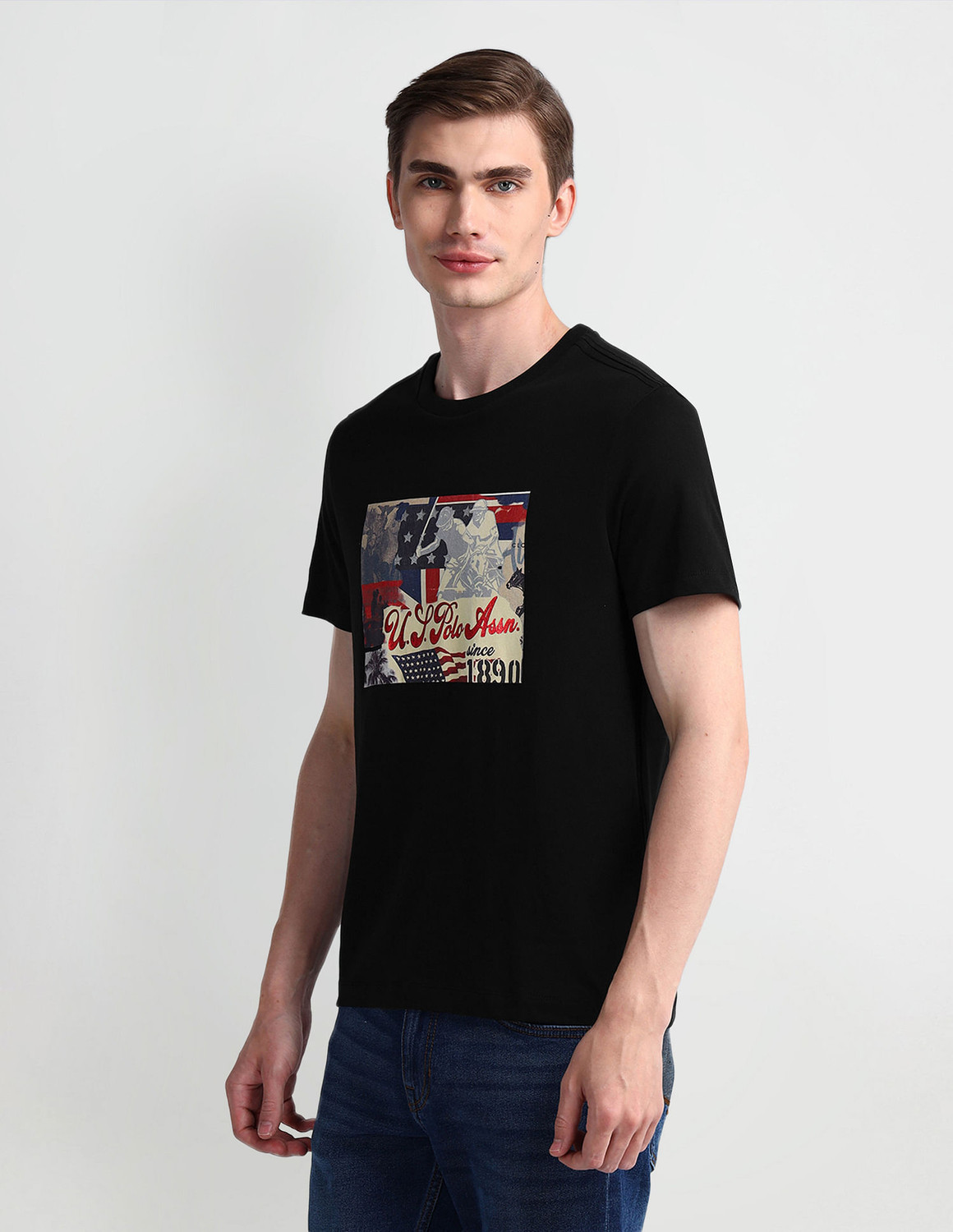Image of U.S. POLO ASSN. Graphic Print Men Round Neck Black T-Shirt