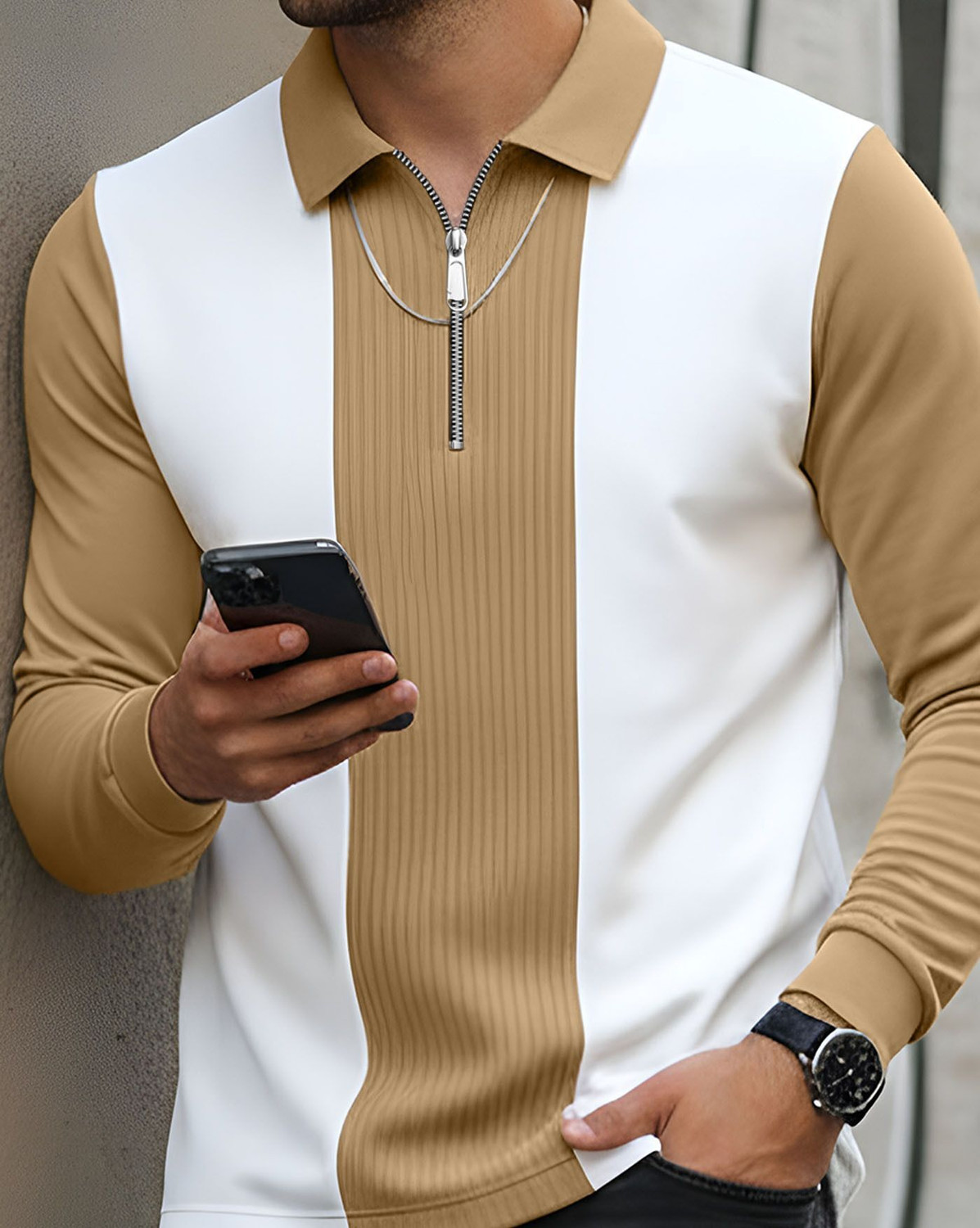 Image of AUSK Striped Men Zip Neck Beige, White T-Shirt