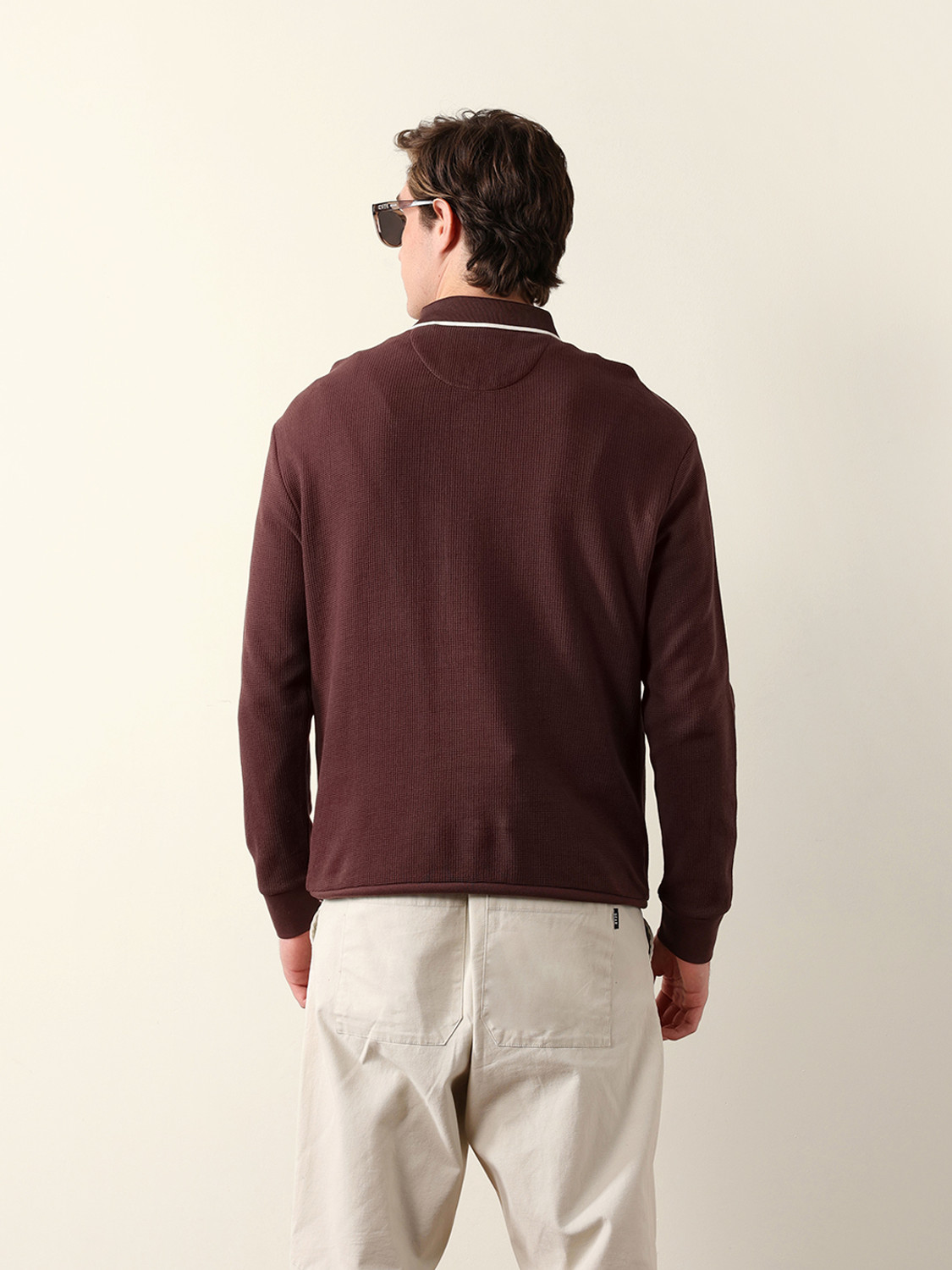 Image of THE BEAR HOUSE Self Design Men Polo Neck Brown T-Shirt