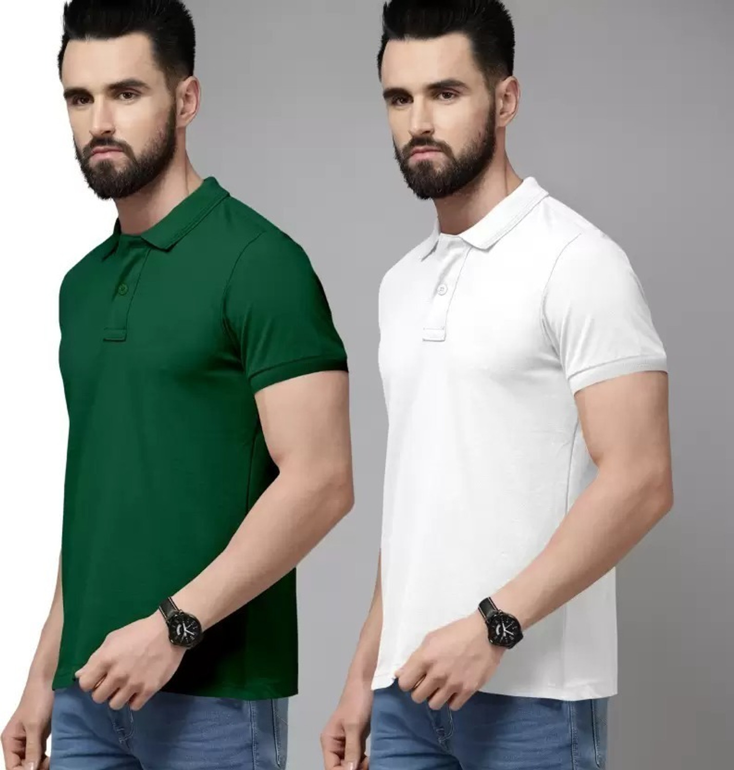 Image of balker merka Solid Men Polo Neck Green, White T-Shirt