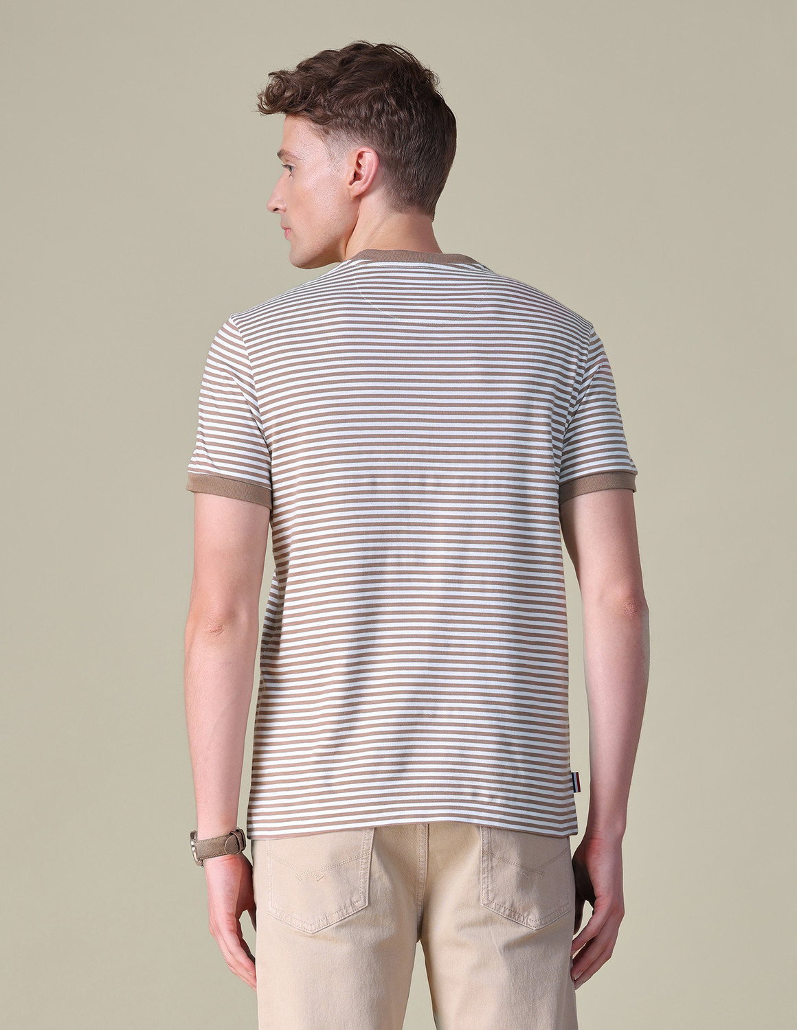 Image of U.S. Polo Assn. Denim Co. Striped Men Crew Neck Brown T-Shirt