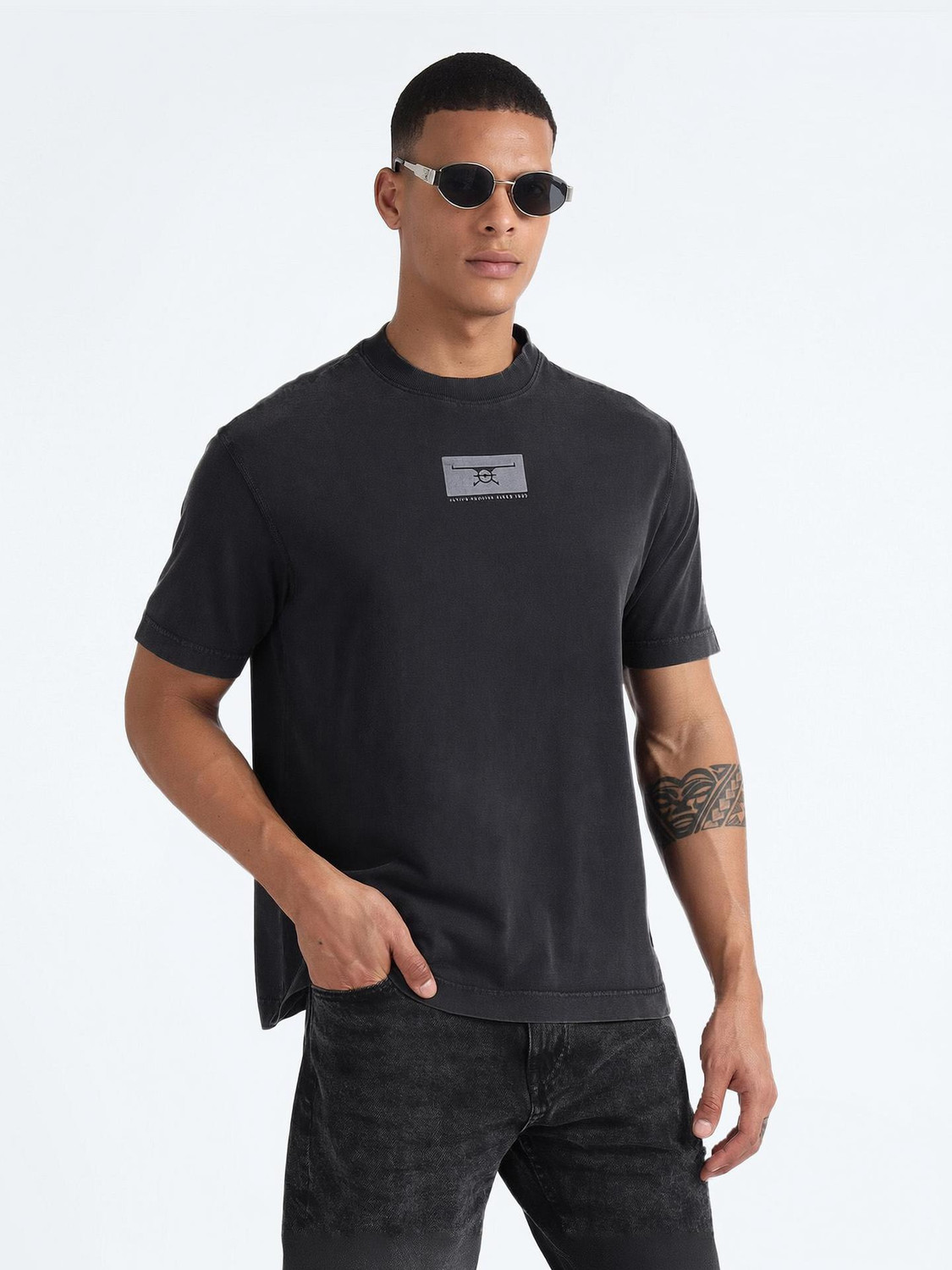 Image of FLYING MACHINE Printed, Typography Men Round Neck Grey T-Shirt