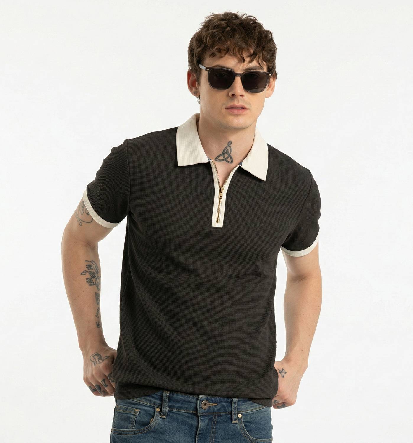 Bairagi Self Design Men Polo Neck Black, White T-Shirt