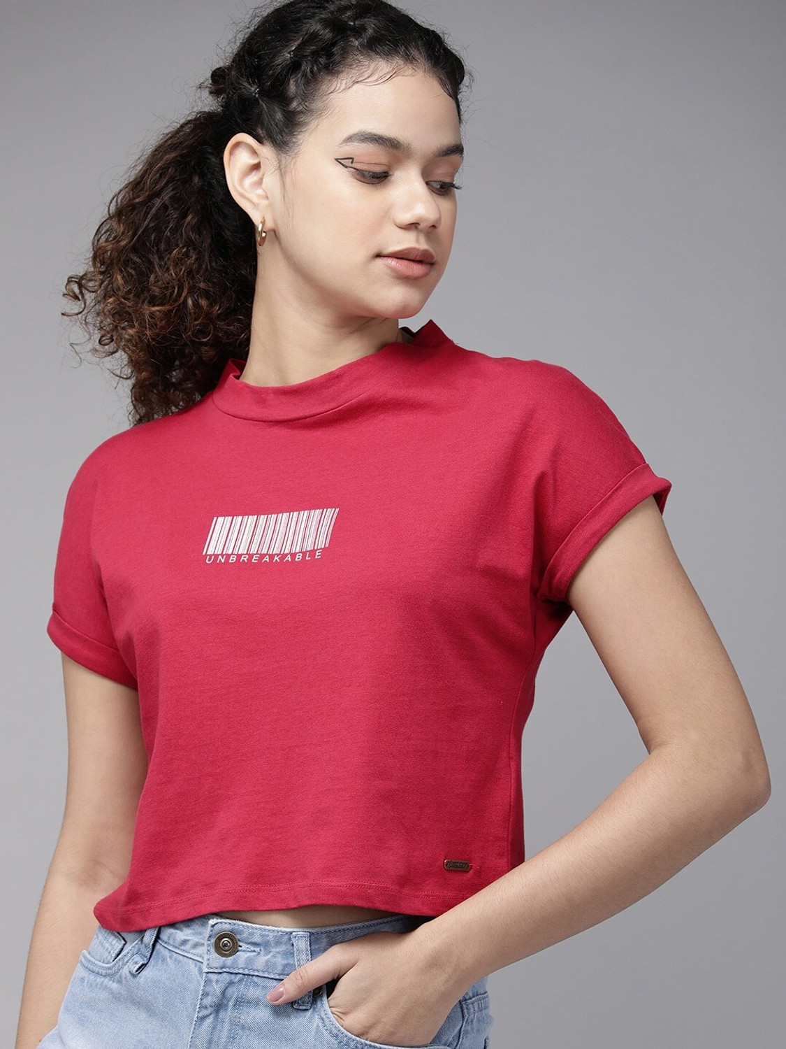 Image of Roadster Solid Women Round Neck Maroon T-Shirt