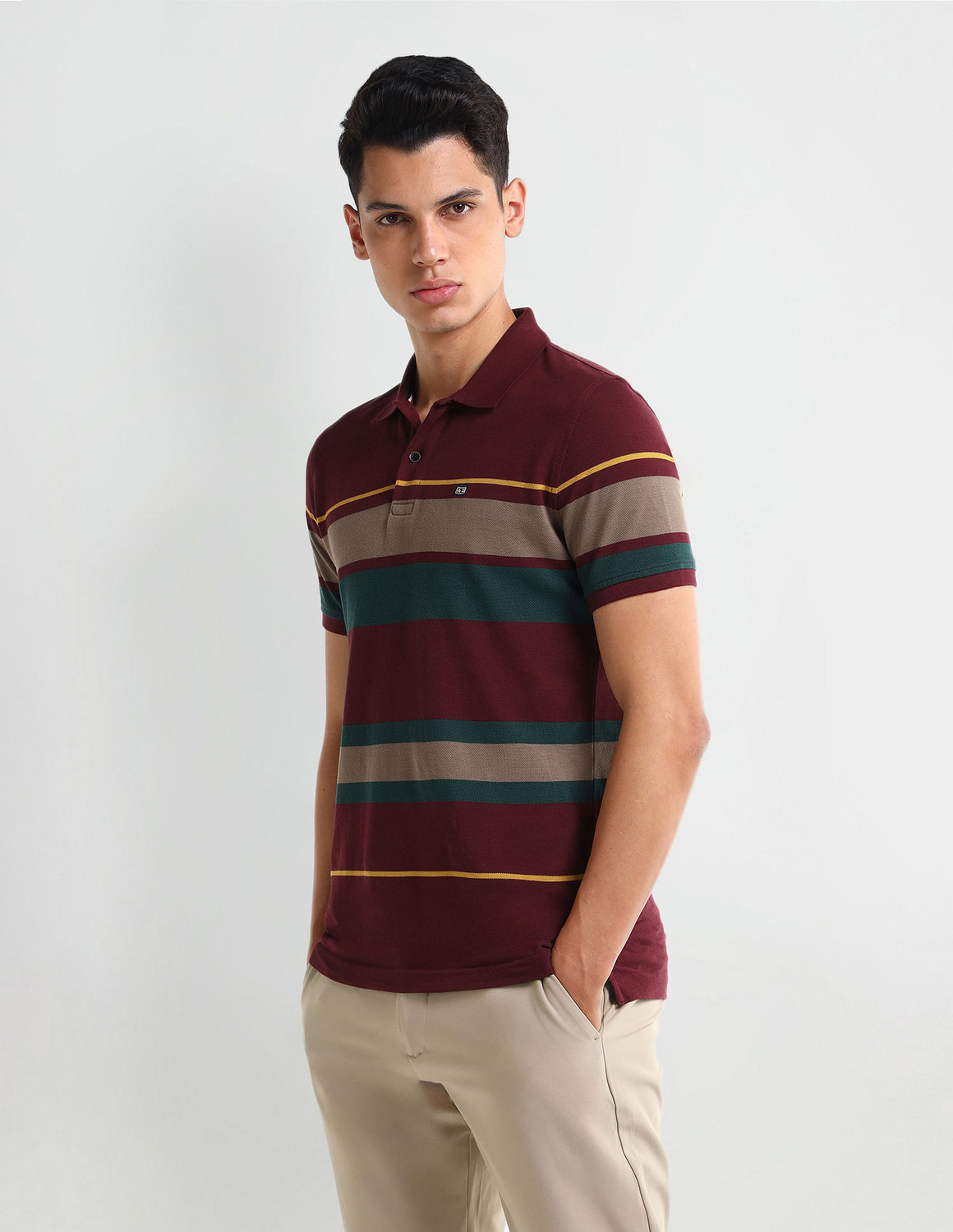 Image of ARROW Striped Men Polo Neck Multicolor T-Shirt
