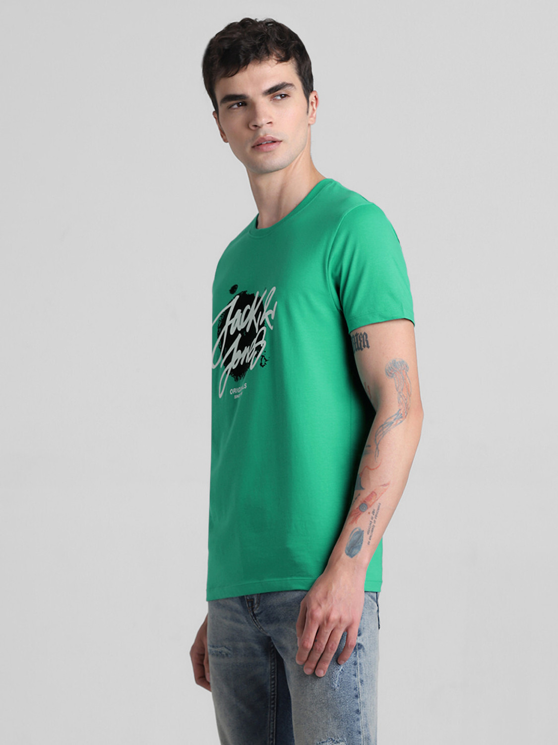 Image of JACK & JONES Printed, Typography Men Round Neck Green T-Shirt