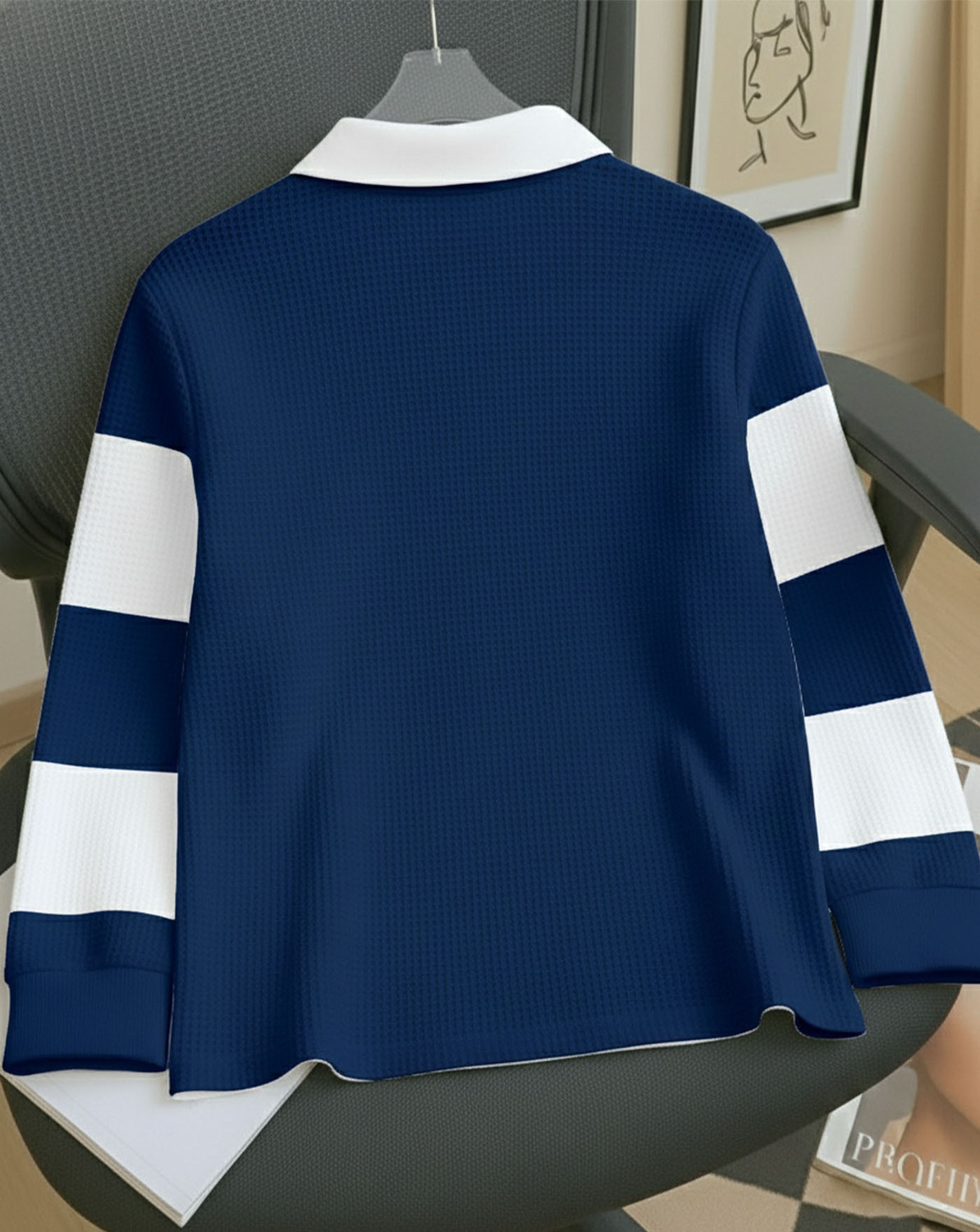 Image of AOOSH Colorblock Men Zip Neck Blue, White T-Shirt