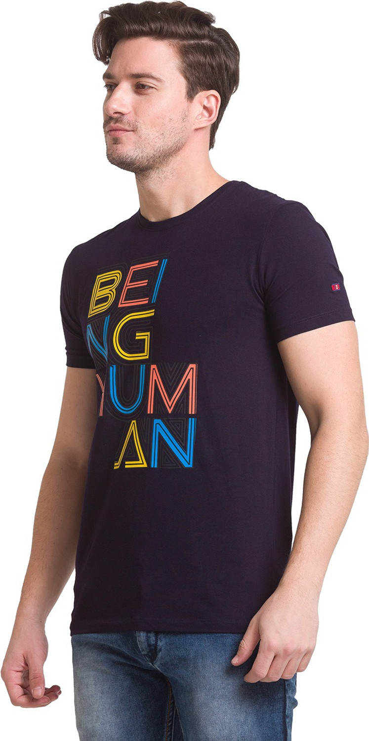 Image of BEING HUMAN Typography Men Round Neck Dark Blue T-Shirt