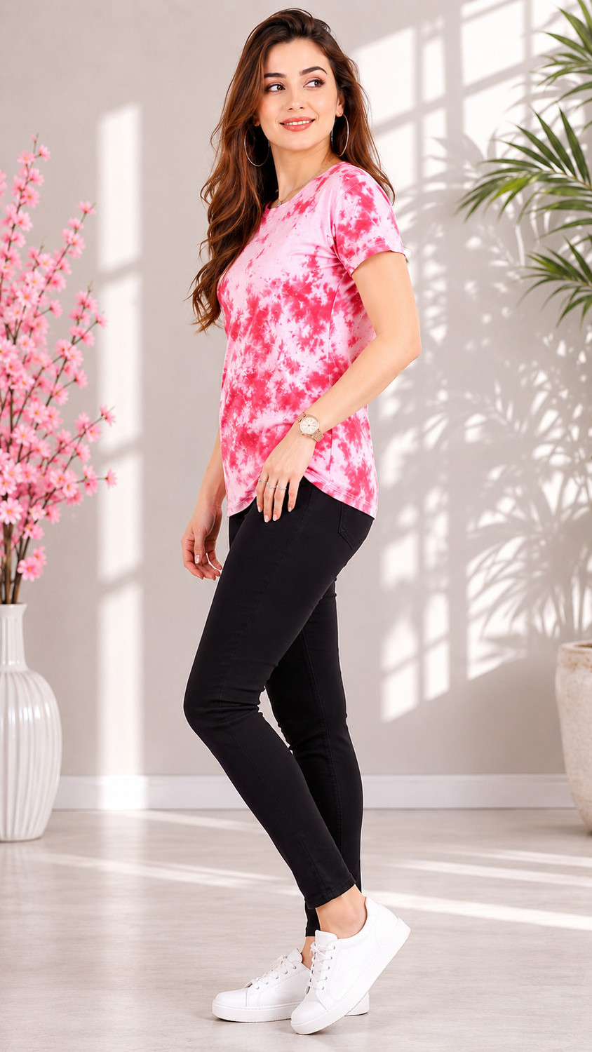 Image of Zicada Tie & Dye Women Round Neck Pink T-Shirt