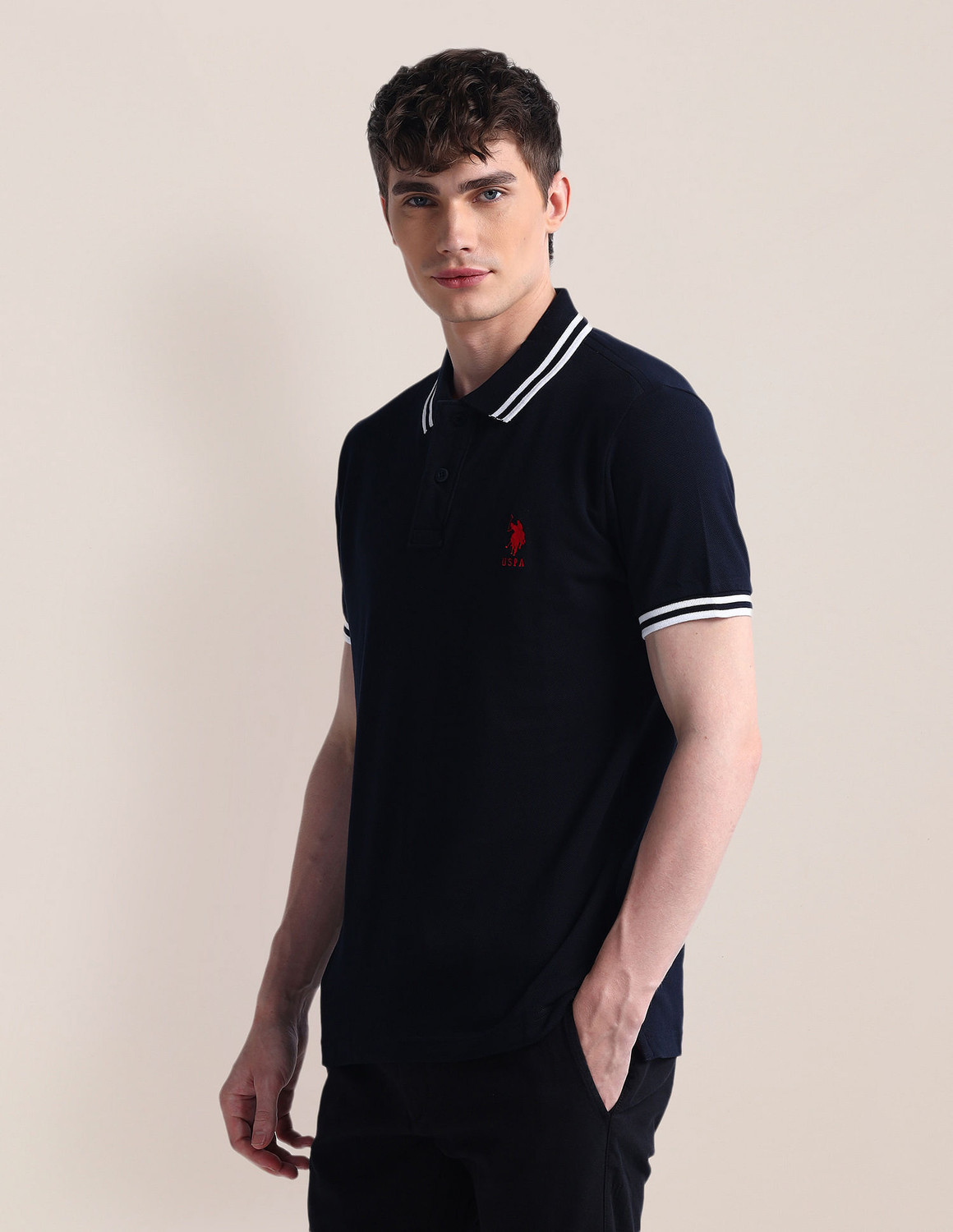 Image of U.S. POLO ASSN. Solid Men Polo Neck Blue T-Shirt