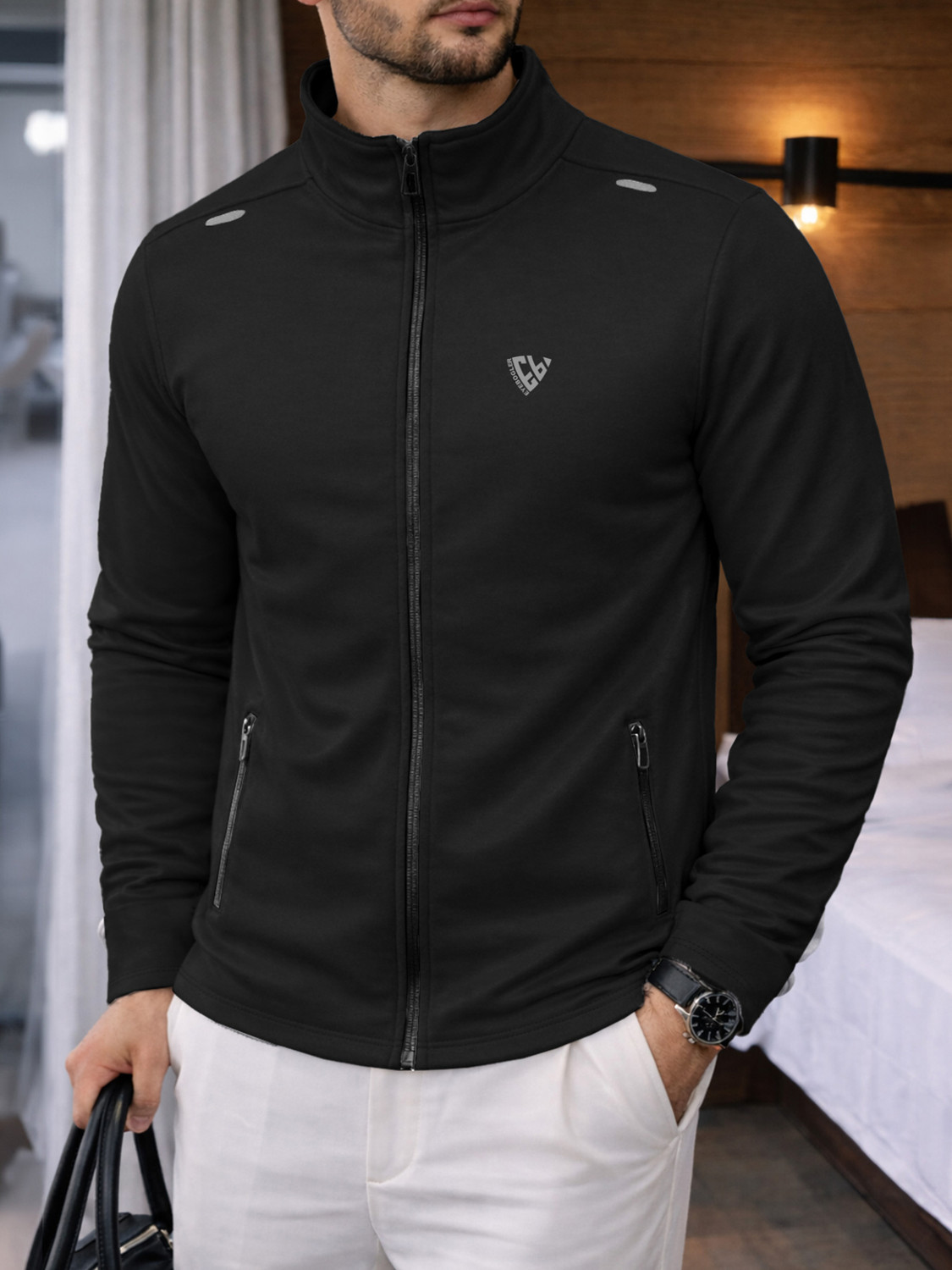 Image of EyeBogler Printed Men Zip Neck Black T-Shirt