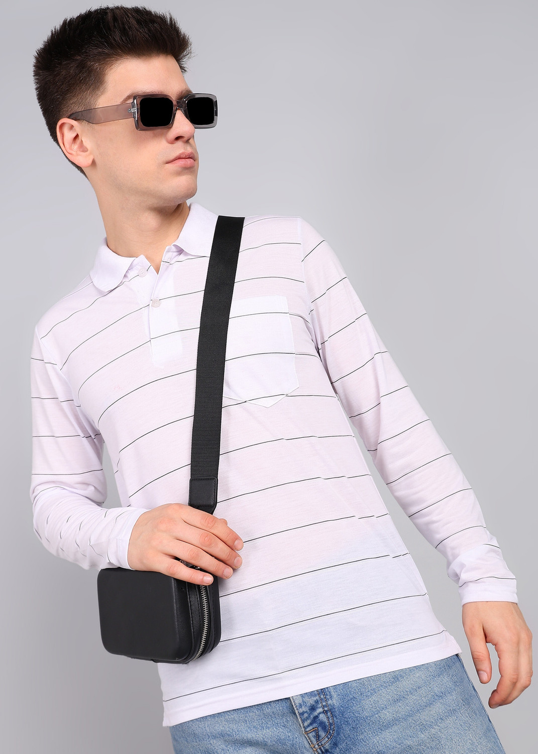 Image of INKKR Striped Men Polo Neck White T-Shirt