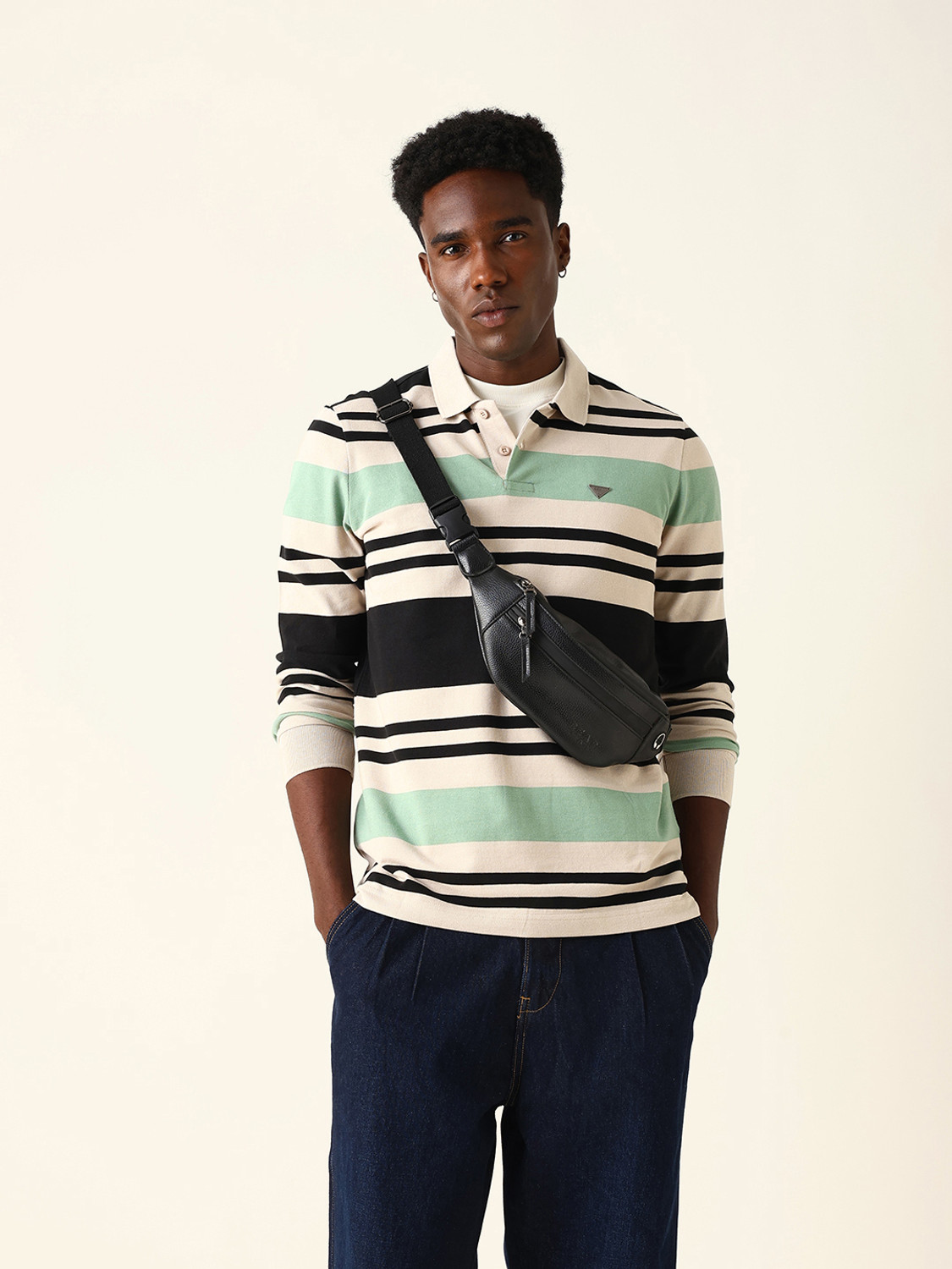 Image of THE BEAR HOUSE Striped Men Polo Neck Multicolor T-Shirt