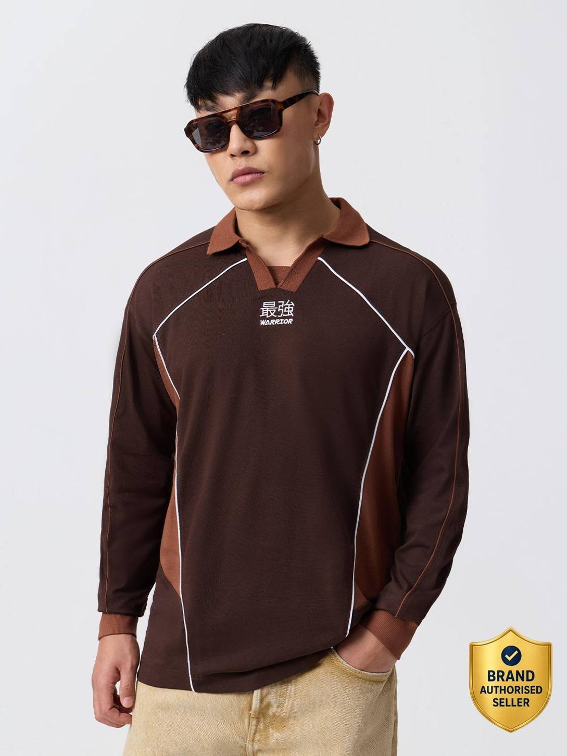 The Souled Store Embroidered Men Polo Neck Brown T-Shirt