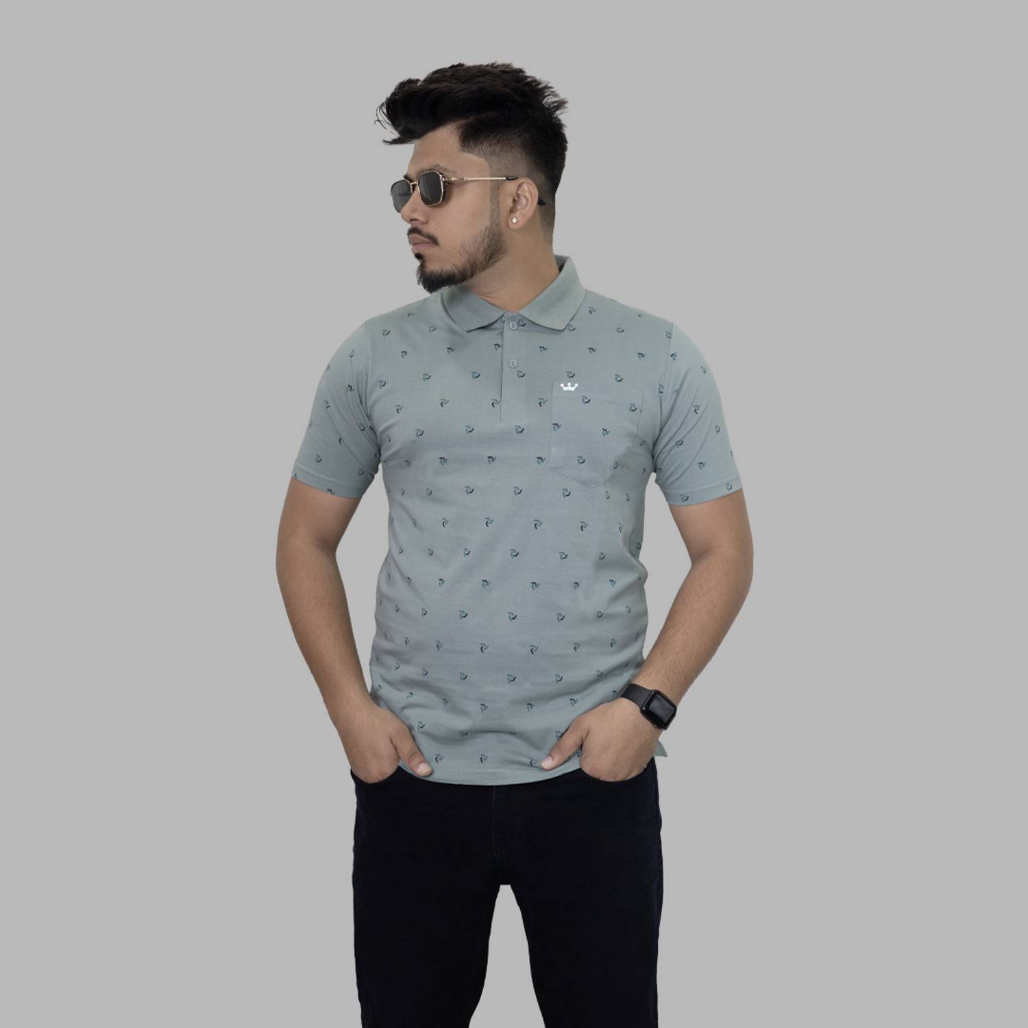 Onestar Men Printed Polo Neck Cotton Blend Light Green, Green T-S