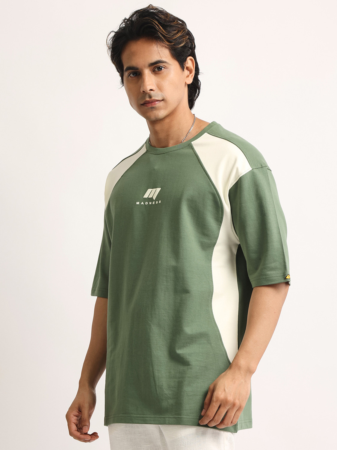 Image of MANIAC Men Colorblock Round Neck Pure Cotton Green, White T-Shirt