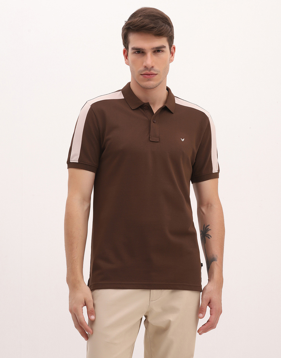 Image of Blackberrys Men Solid Polo Neck Cotton Blend Brown T-Shirt