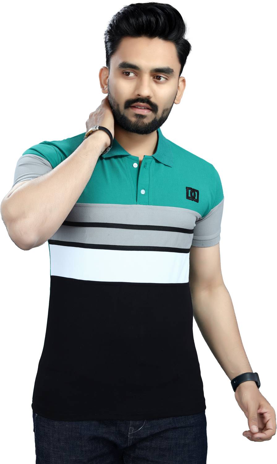 DyrectDeals Men Colorblock Polo Neck Polycotton Dark Green T-Shir