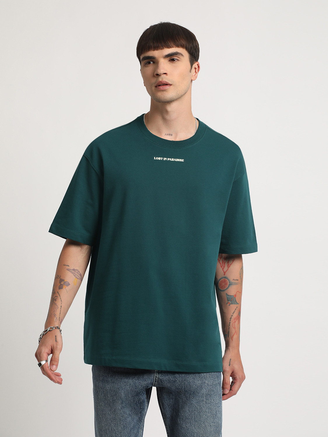 Image of THE BEAR HOUSE Printed Men Round Neck Green T-Shirt