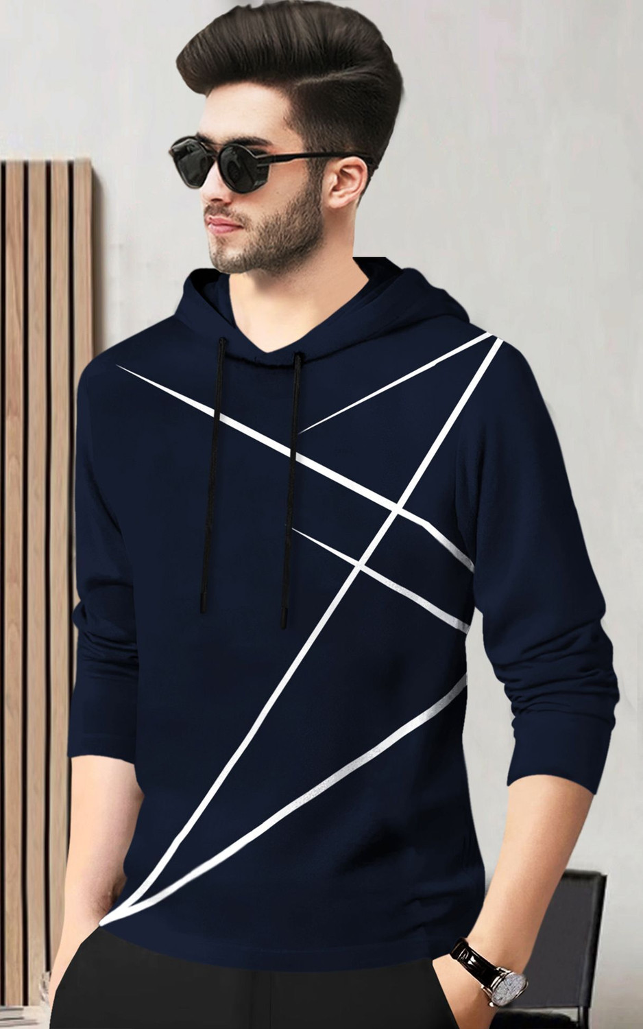 Image of BLIVE Printed Men Hooded Neck Navy Blue T-Shirt