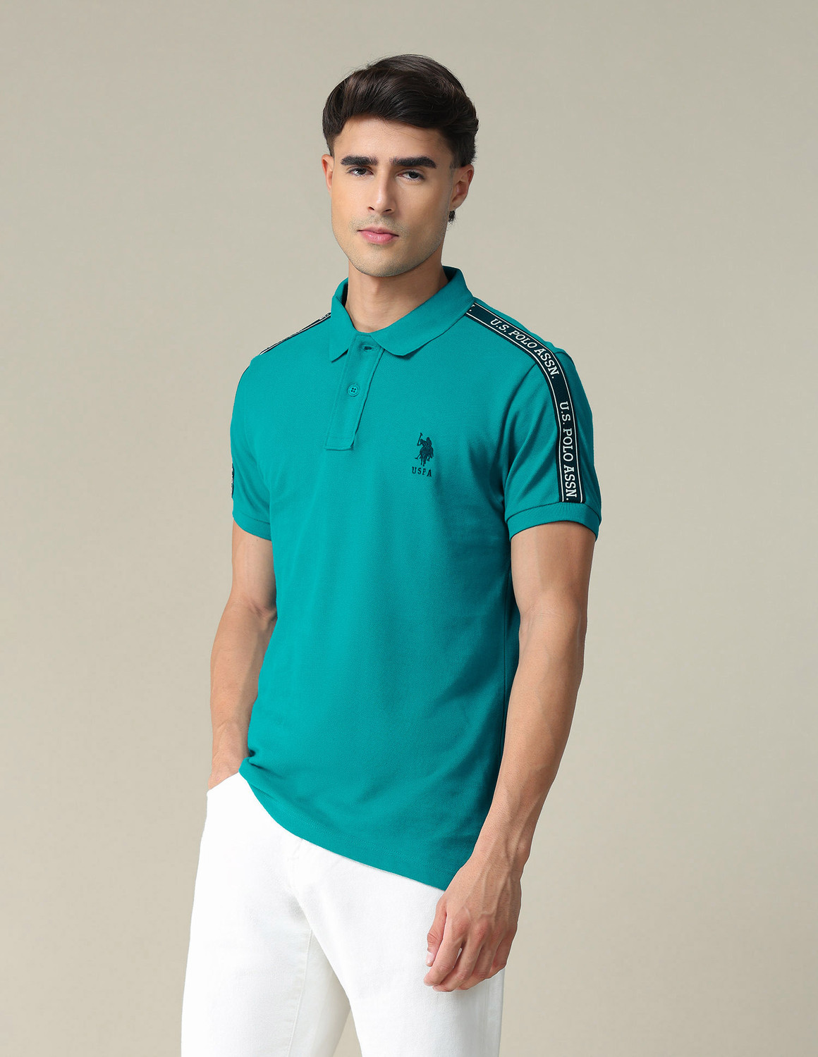 Image of U.S. POLO ASSN. Solid Men Polo Neck Blue T-Shirt