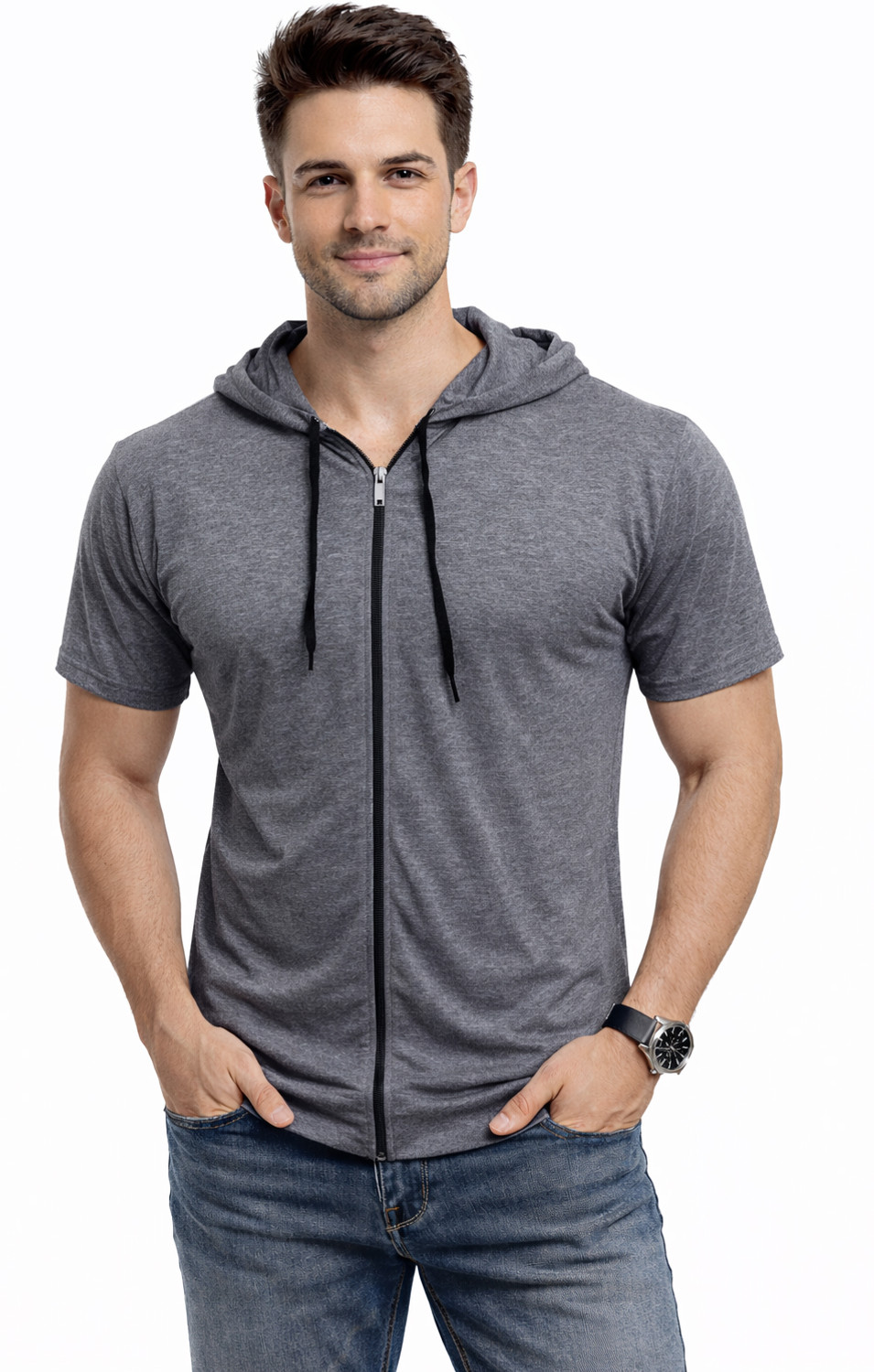 Image of Blisstone Solid Men Hooded Neck Grey T-Shirt