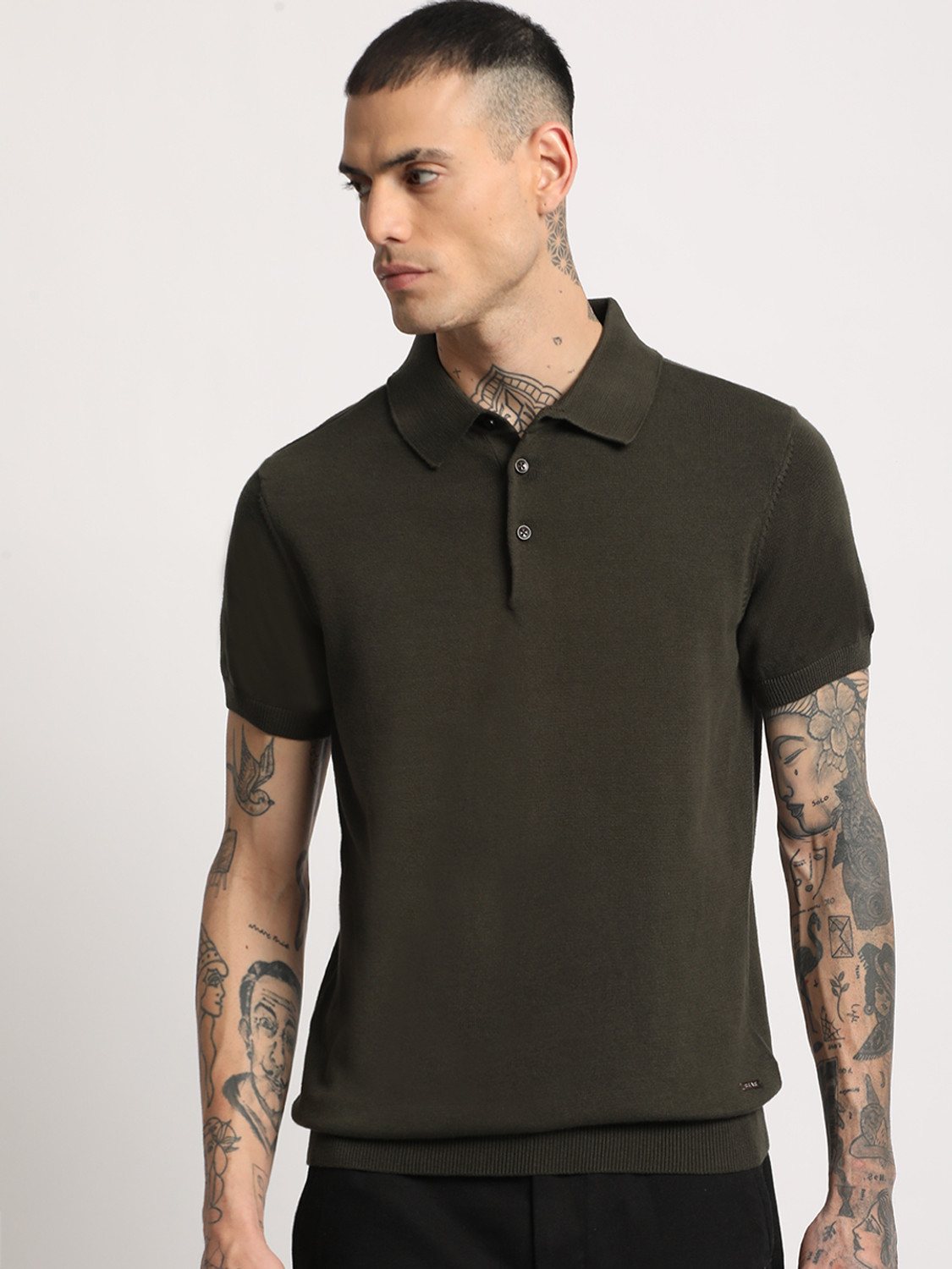 Image of THE BEAR HOUSE Solid Men Polo Neck Dark Green T-Shirt