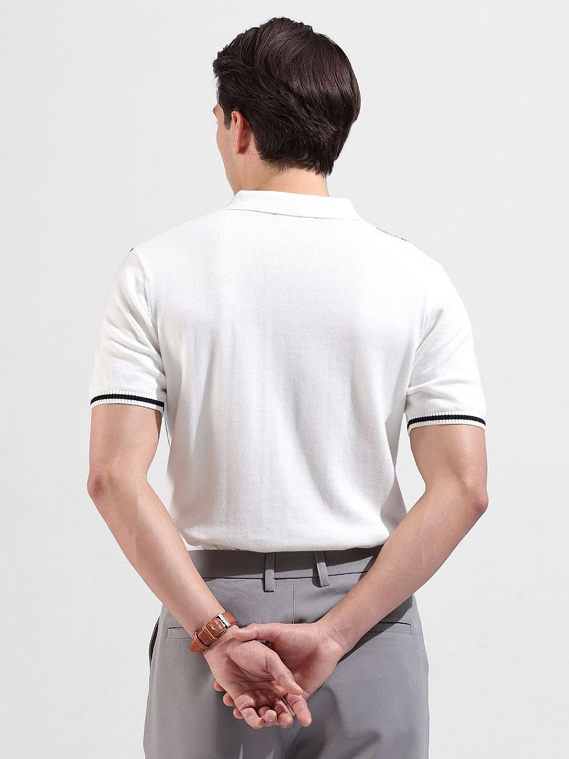 Image of The Indian Garage Co. Self Design Men Polo Neck White T-Shirt